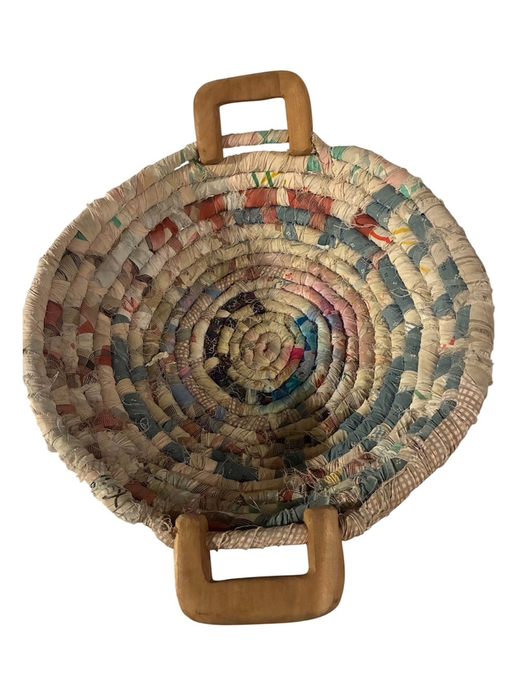 Rag Basket VTG Coil Quilted fabric w/ wooden handles Handmade Cotton Multi Color